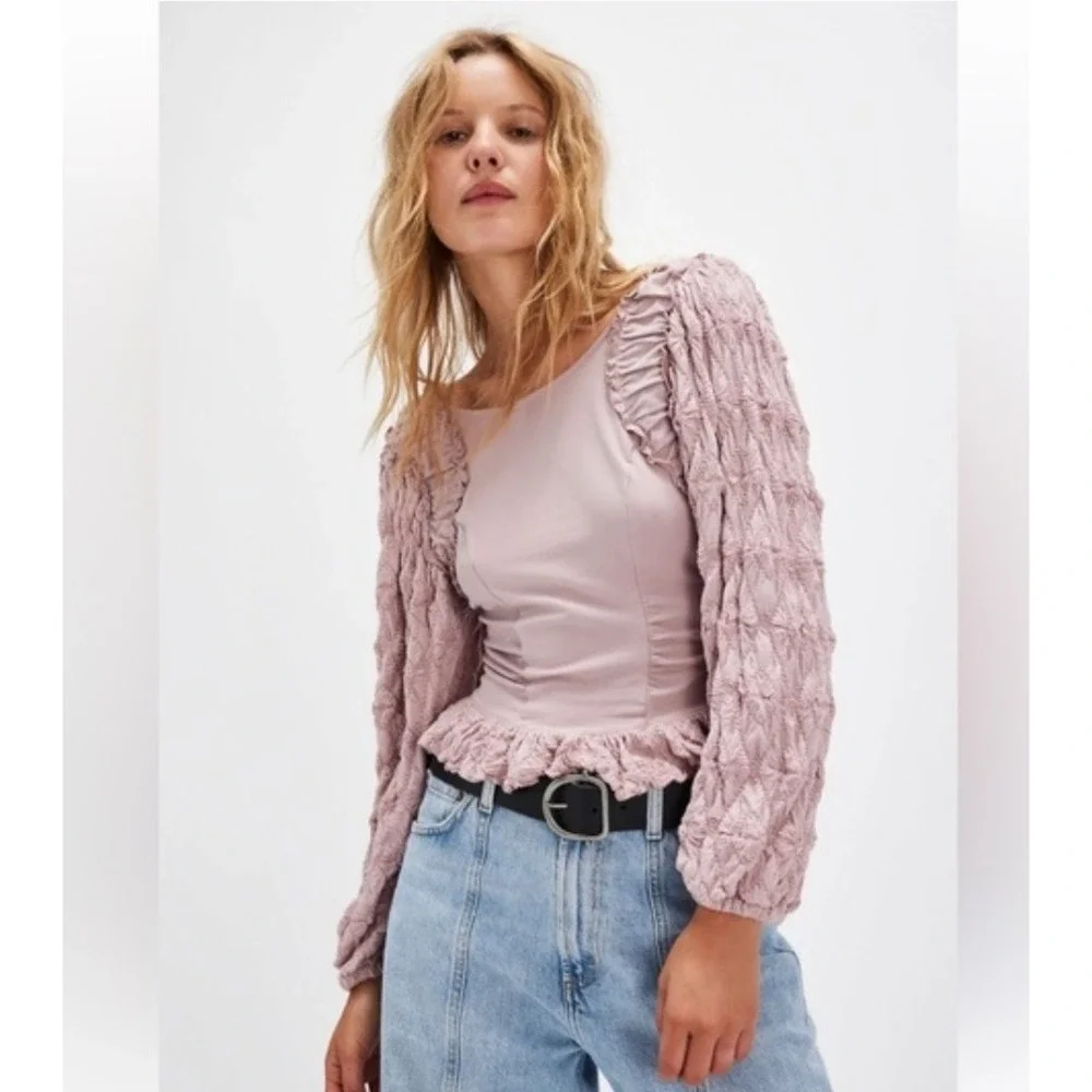 Free People Pink Olivia Top Ruffles Size S Puff Sleeve Boho Feminine Romantic